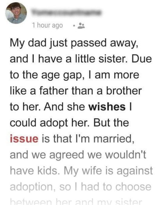 Brother Wants to Adopt His Little Sister after Dad's Death, Finds Out His Wife Is against It