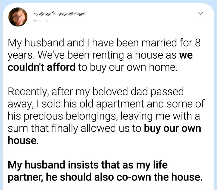 My Husband Demands to Co-Own the House Purchased With MY Money