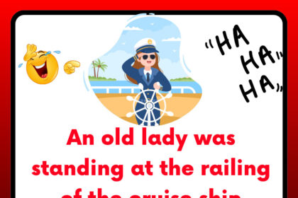 An old lady was standing at the railing of the cruise ship holding her hat on tight