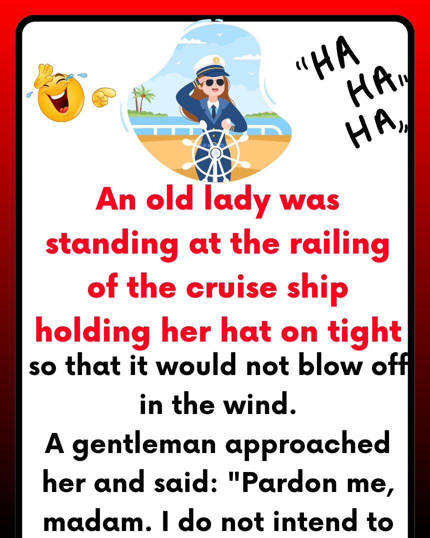 An old lady was standing at the railing of the cruise ship holding her hat on tight