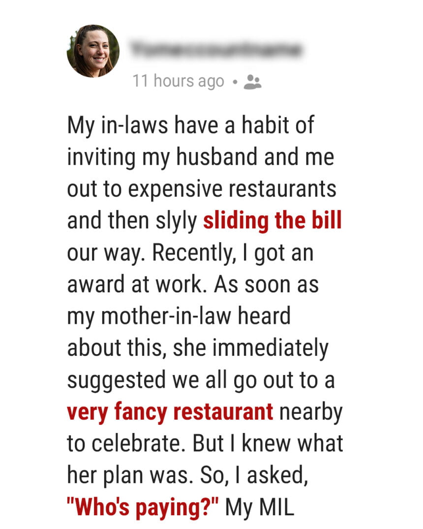 My In-Laws Invited Us to an Expensive Fancy Restaurant, Slid the Bill to My Husband and Me to Pay