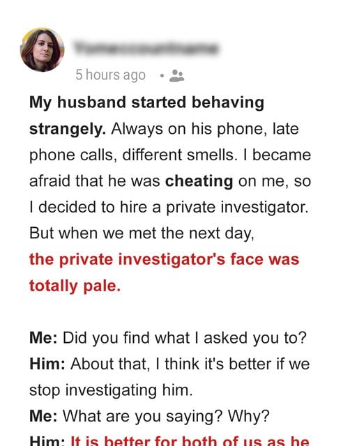 I Hired a Private Investigator to Reveal My Husband's Cheating but His Real Secret Shocked Me to the Core